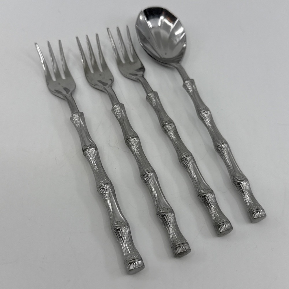 Oxford Hall JADE‎ Cocktail Forks & Spoon Bamboo Cane Stainless Flatware Set Of 4